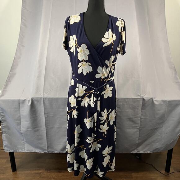 Tahari Dress Womens Large Navy Blue Floral Wrap Midi Short Sleeve Belted V Neck - Picture 1 of 14